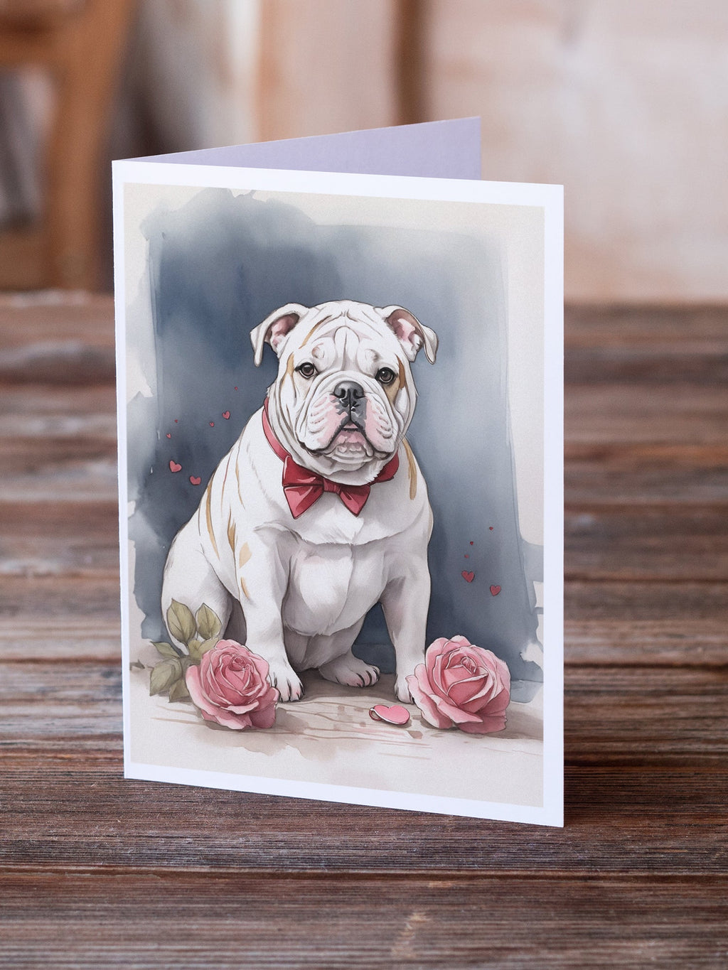English Bulldog Valentine Roses Greeting Cards Pack of 8 Blank Cards with Envelopes Whimsical A7 Size 5x7