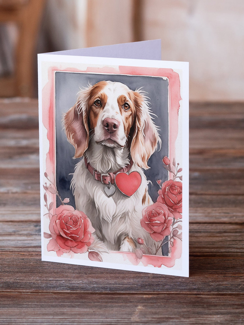 English Setter Valentine Roses Greeting Cards Pack of 8 Blank Cards with Envelopes Whimsical A7 Size 5x7