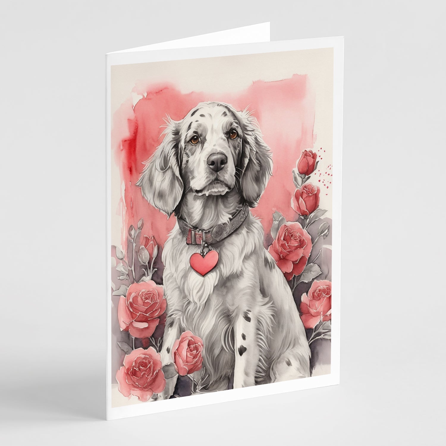 English Setter Valentine Roses Greeting Cards Pack of 8 Blank Cards with Envelopes Whimsical A7 Size 5x7