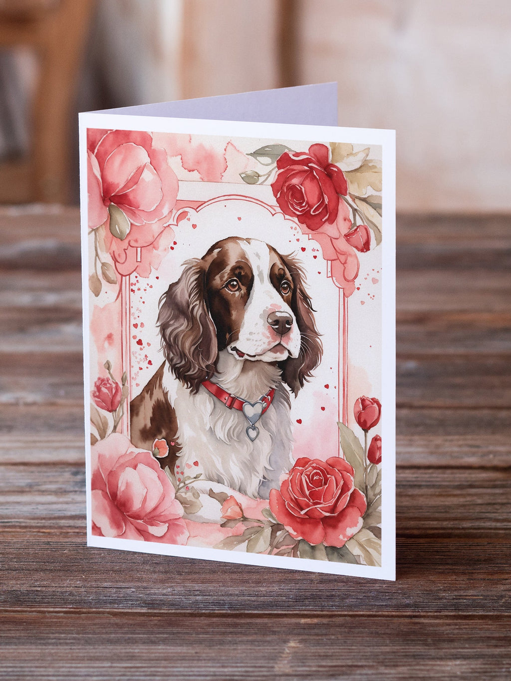 English Springer Spaniel Valentine Roses Greeting Cards Pack of 8 Blank Cards with Envelopes Whimsical A7 Size 5x7