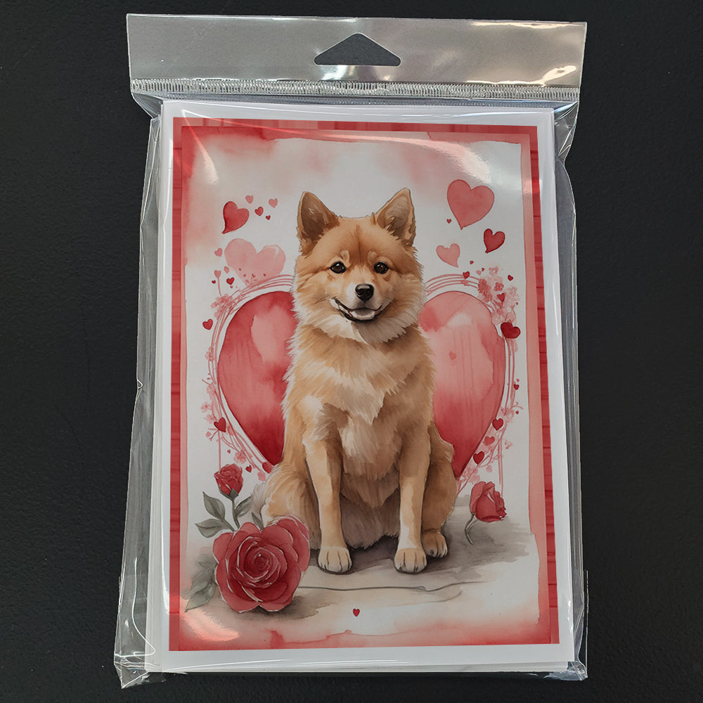 Finnish Spitz Valentine Roses Greeting Cards Pack of 8 Blank Cards with Envelopes Whimsical A7 Size 5x7