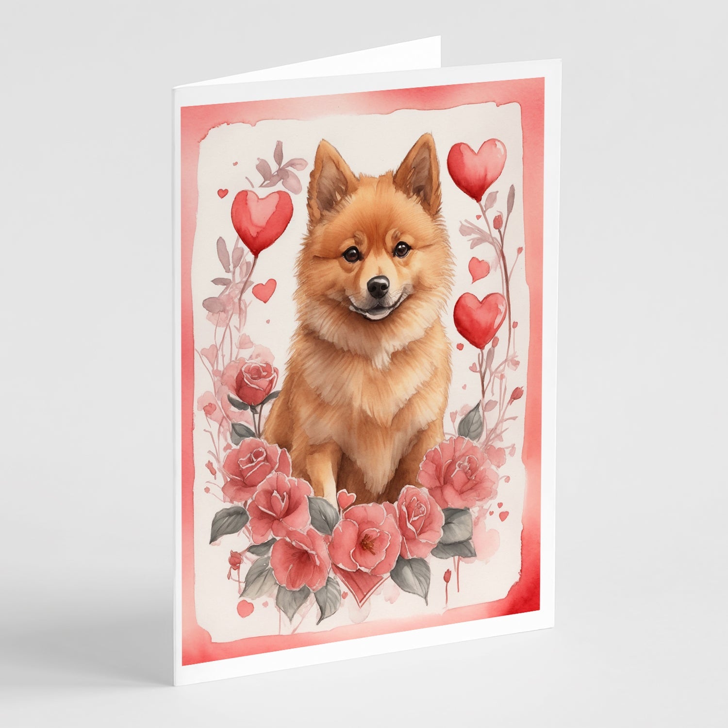 Finnish Spitz Valentine Roses Greeting Cards Pack of 8 Blank Cards with Envelopes Whimsical A7 Size 5x7