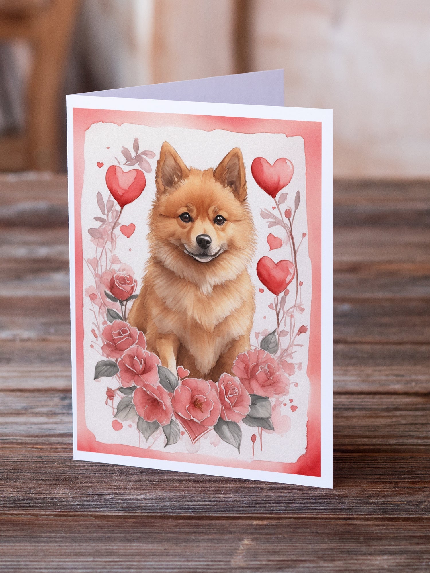 Finnish Spitz Valentine Roses Greeting Cards Pack of 8 Blank Cards with Envelopes Whimsical A7 Size 5x7