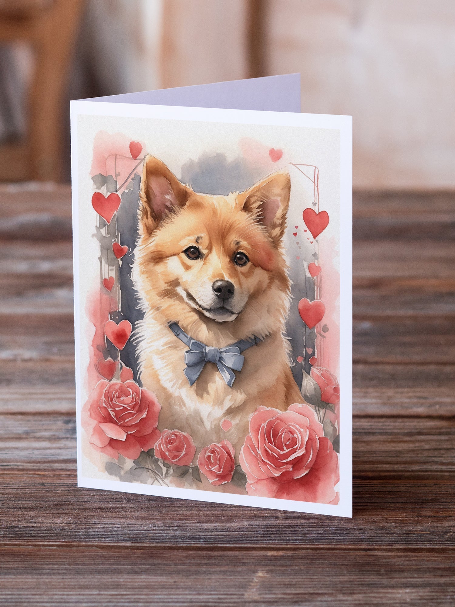 Finnish Spitz Valentine Roses Greeting Cards Pack of 8 Blank Cards with Envelopes Whimsical A7 Size 5x7