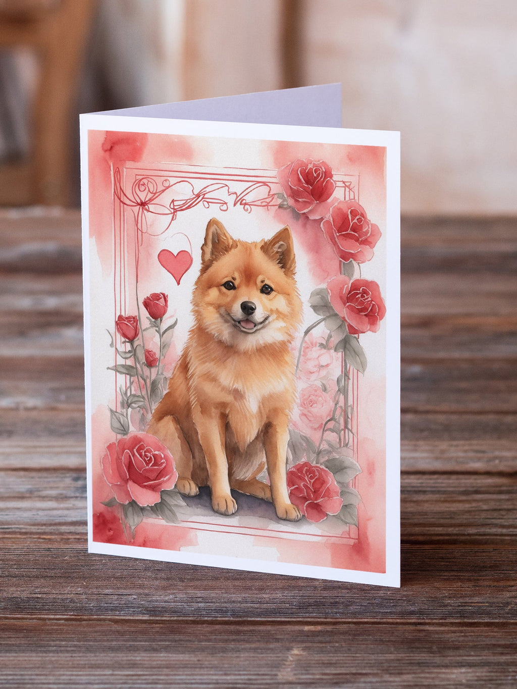 Finnish Spitz Valentine Roses Greeting Cards Pack of 8 Blank Cards with Envelopes Whimsical A7 Size 5x7
