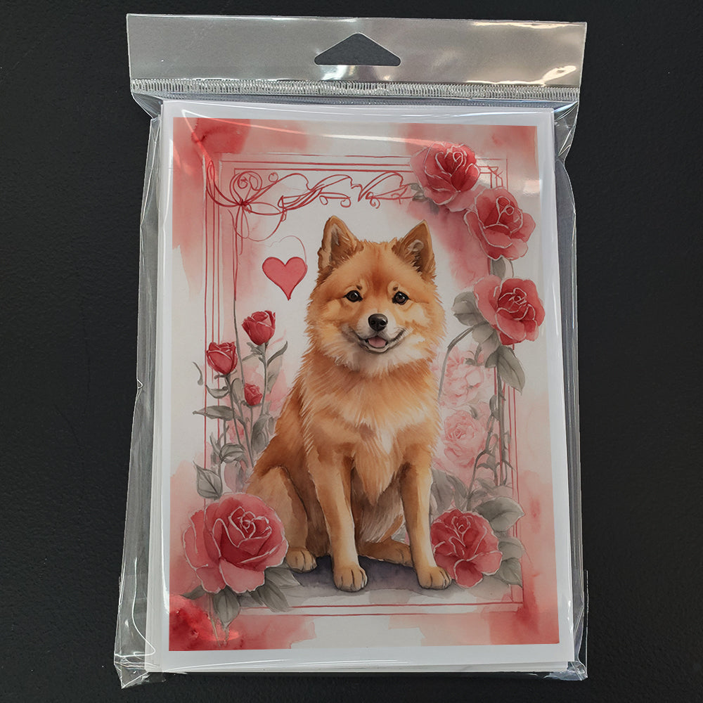 Finnish Spitz Valentine Roses Greeting Cards Pack of 8 Blank Cards with Envelopes Whimsical A7 Size 5x7