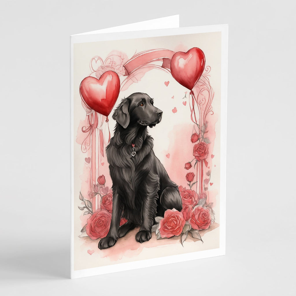 Flat-Coated Retriever Valentine Roses Greeting Cards Pack of 8 Blank Cards with Envelopes Whimsical A7 Size 5x7