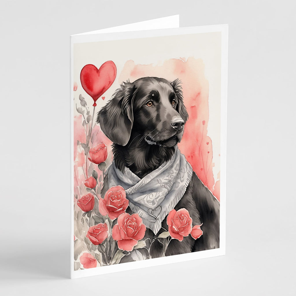 Flat-Coated Retriever Valentine Roses Greeting Cards Pack of 8 Blank Cards with Envelopes Whimsical A7 Size 5x7