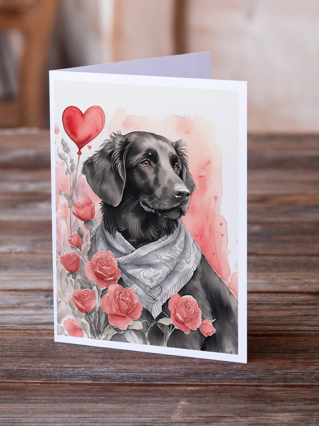 Flat-Coated Retriever Valentine Roses Greeting Cards Pack of 8 Blank Cards with Envelopes Whimsical A7 Size 5x7