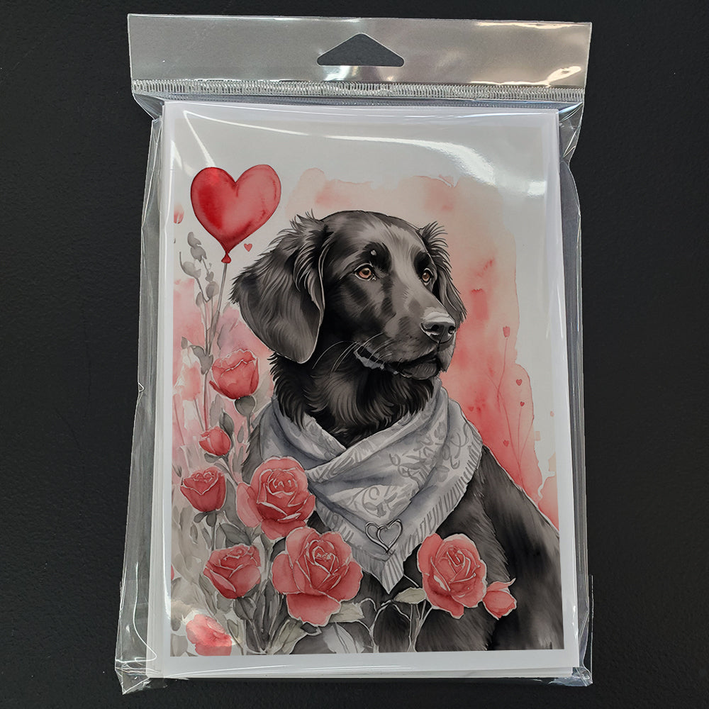 Flat-Coated Retriever Valentine Roses Greeting Cards Pack of 8 Blank Cards with Envelopes Whimsical A7 Size 5x7