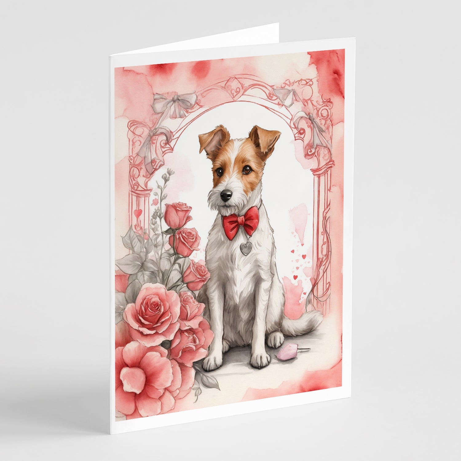 Fox Terrier Valentine Roses Greeting Cards Pack of 8 Blank Cards with Envelopes Whimsical A7 Size 5x7