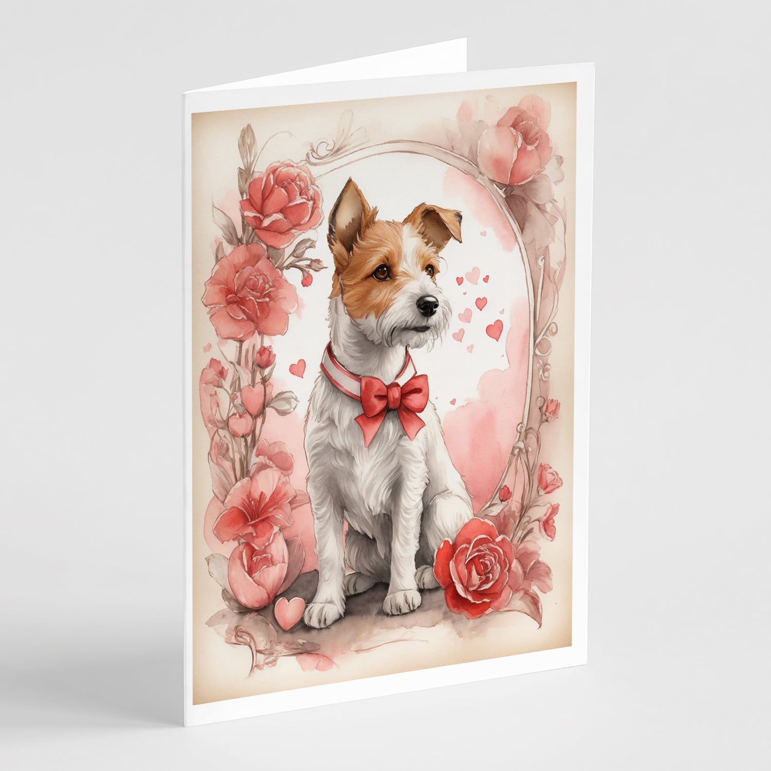 Fox Terrier Valentine Roses Greeting Cards Pack of 8 Blank Cards with Envelopes Whimsical A7 Size 5x7
