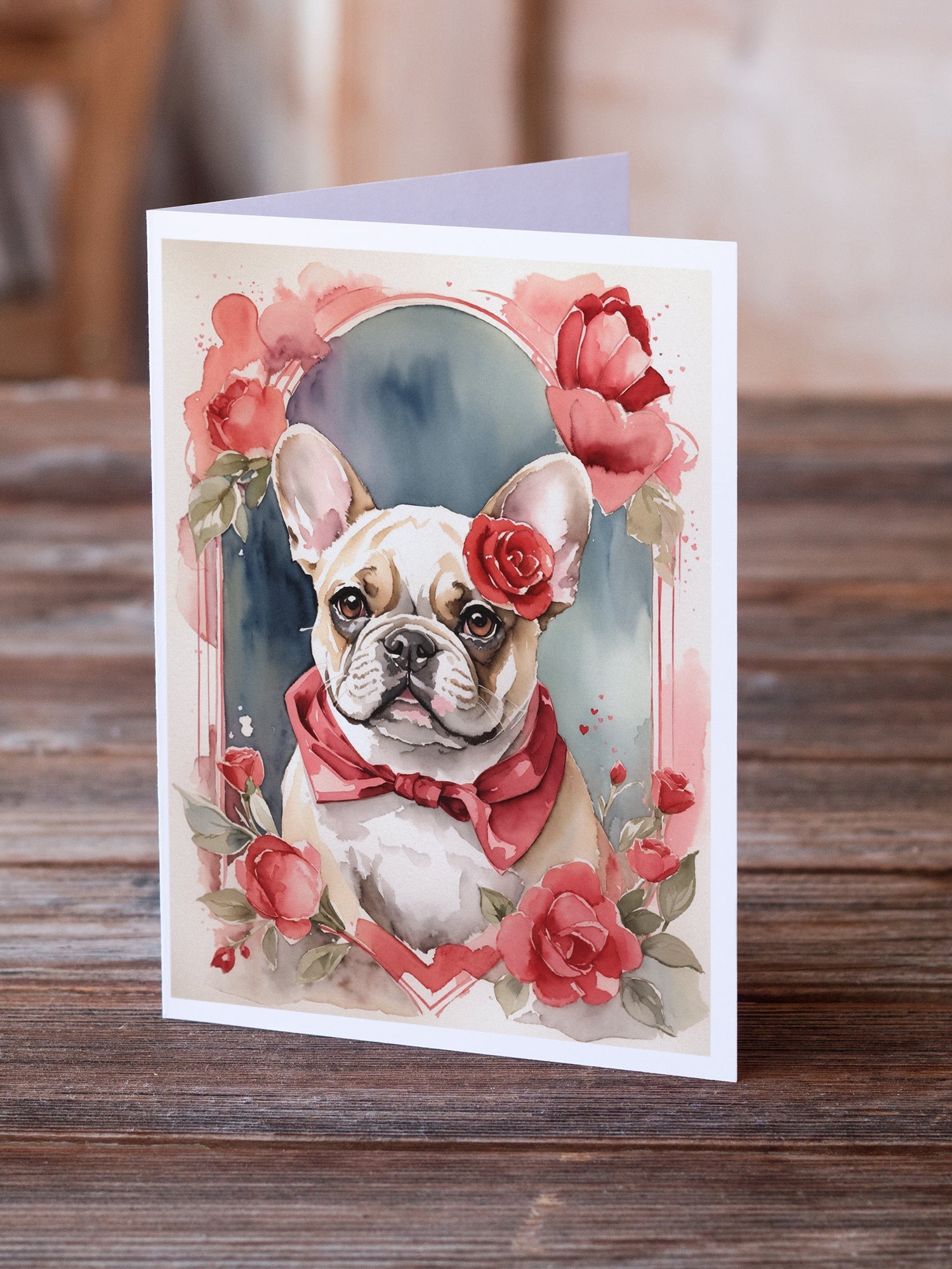 French Bulldog Valentine Roses Greeting Cards Pack of 8 Blank Cards with Envelopes Whimsical A7 Size 5x7