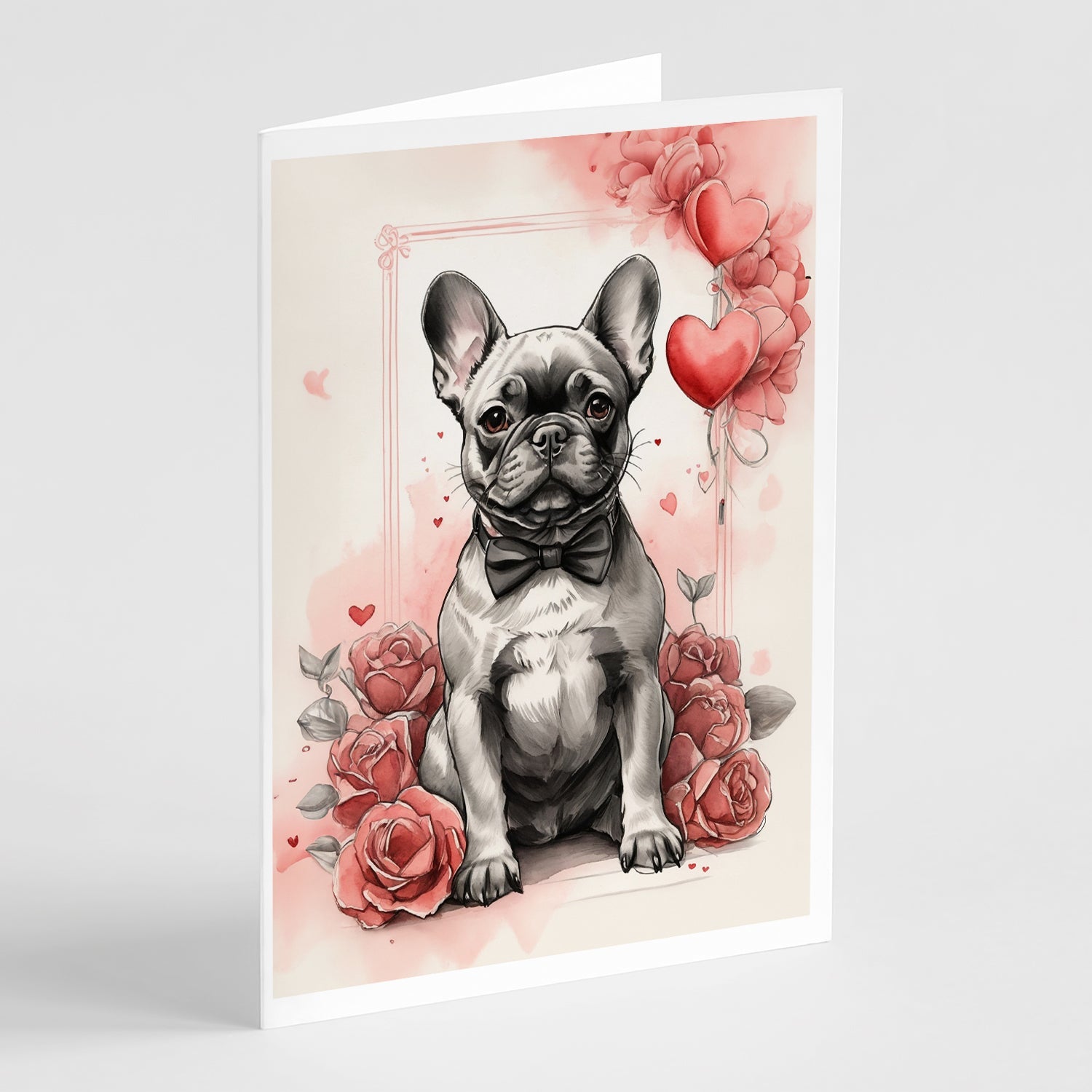 French Bulldog Valentine Roses Greeting Cards Pack of 8 Blank Cards with Envelopes Whimsical A7 Size 5x7