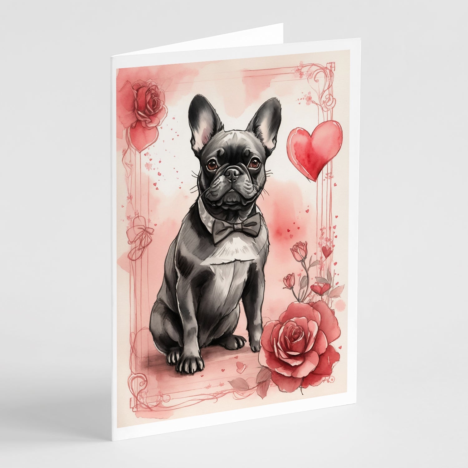 French Bulldog Valentine Roses Greeting Cards Pack of 8 Blank Cards with Envelopes Whimsical A7 Size 5x7