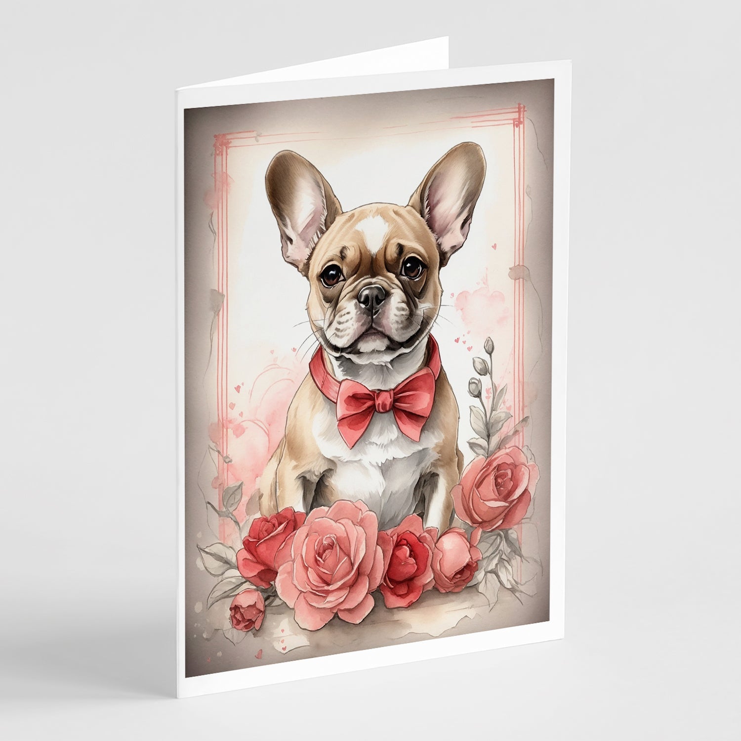 French Bulldog Valentine Roses Greeting Cards Pack of 8 Blank Cards with Envelopes Whimsical A7 Size 5x7