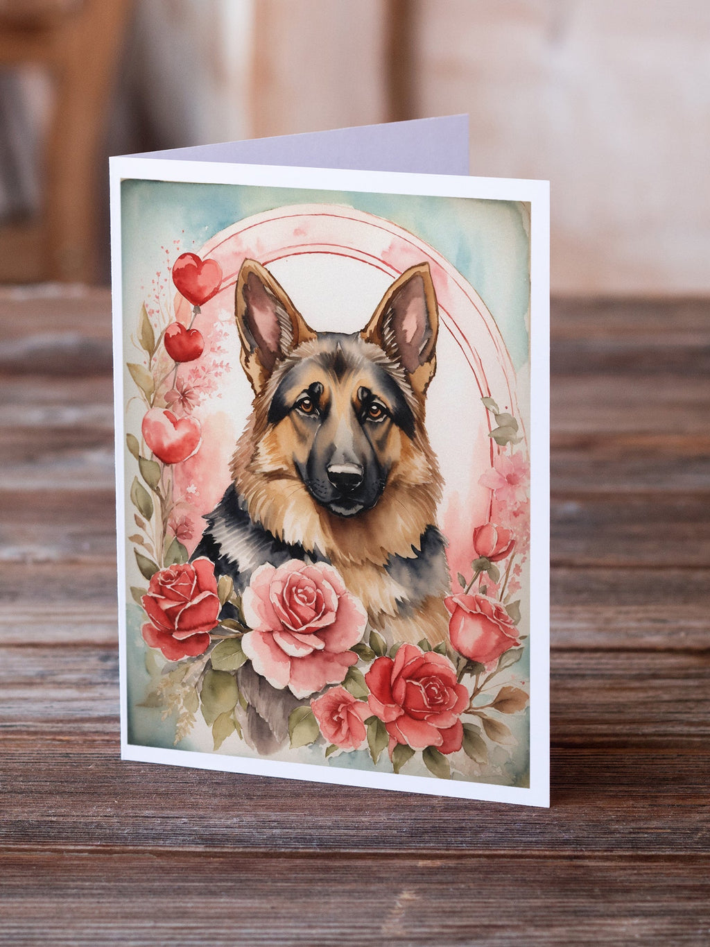 German Shepherd Valentine Roses Greeting Cards Pack of 8 Blank Cards with Envelopes Whimsical A7 Size 5x7