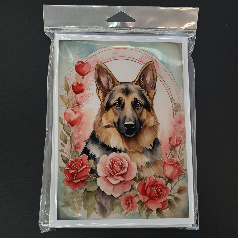 German Shepherd Valentine Roses Greeting Cards Pack of 8 Blank Cards with Envelopes Whimsical A7 Size 5x7