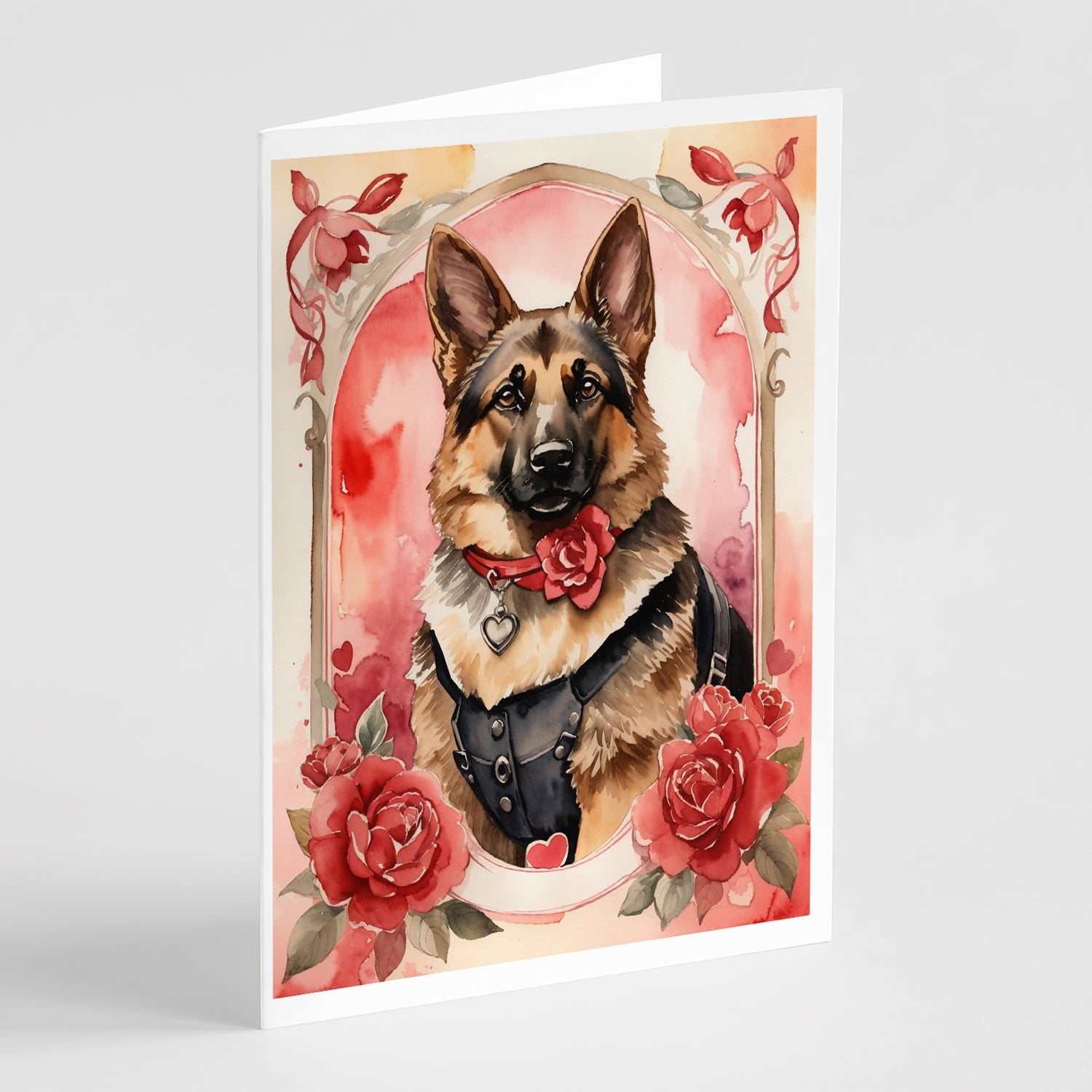 German Shepherd Valentine Roses Greeting Cards Pack of 8 Blank Cards with Envelopes Whimsical A7 Size 5x7