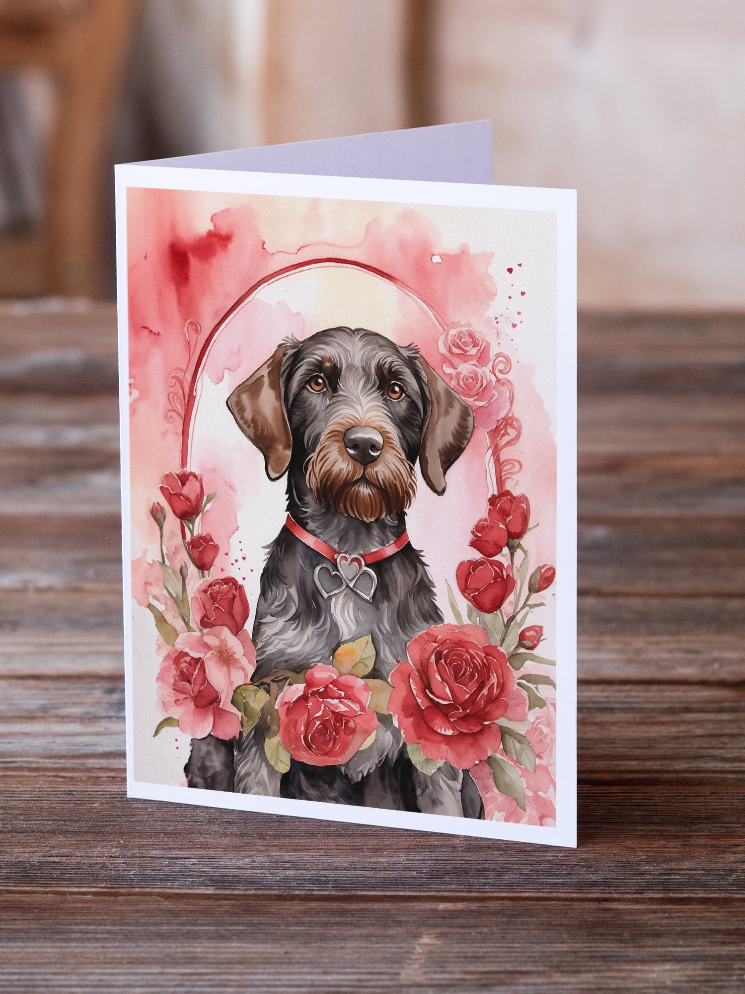 German Wirehaired Pointer Valentine Roses Greeting Cards Pack of 8 Blank Cards with Envelopes Whimsical A7 Size 5x7