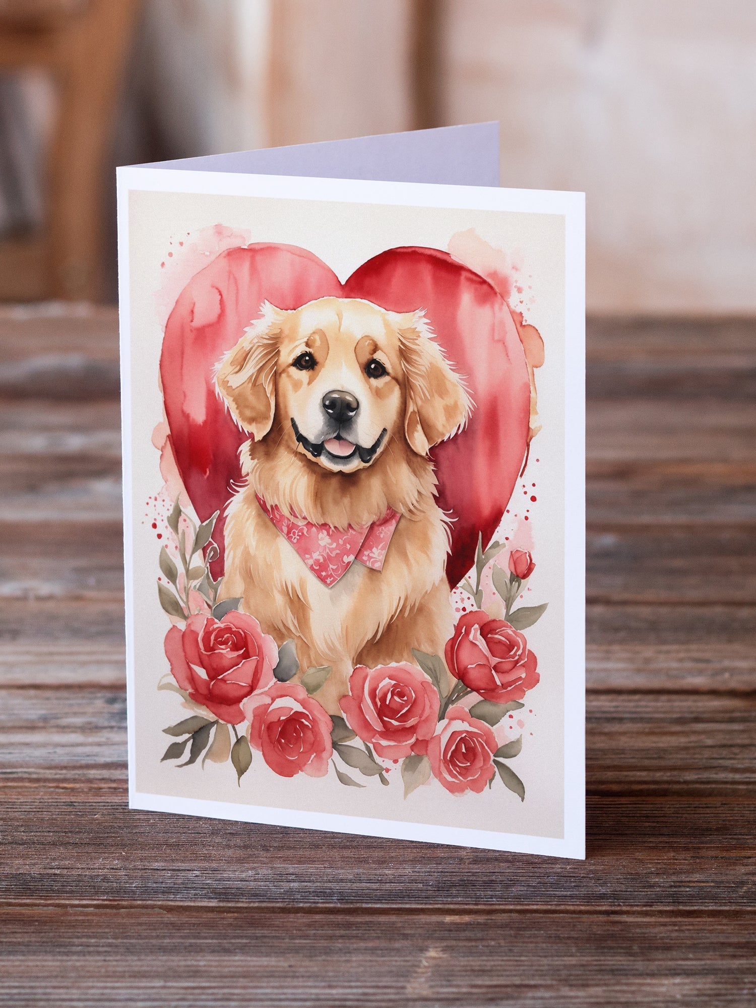 Golden Retriever Valentine Roses Greeting Cards Pack of 8 Blank Cards with Envelopes Whimsical A7 Size 5x7