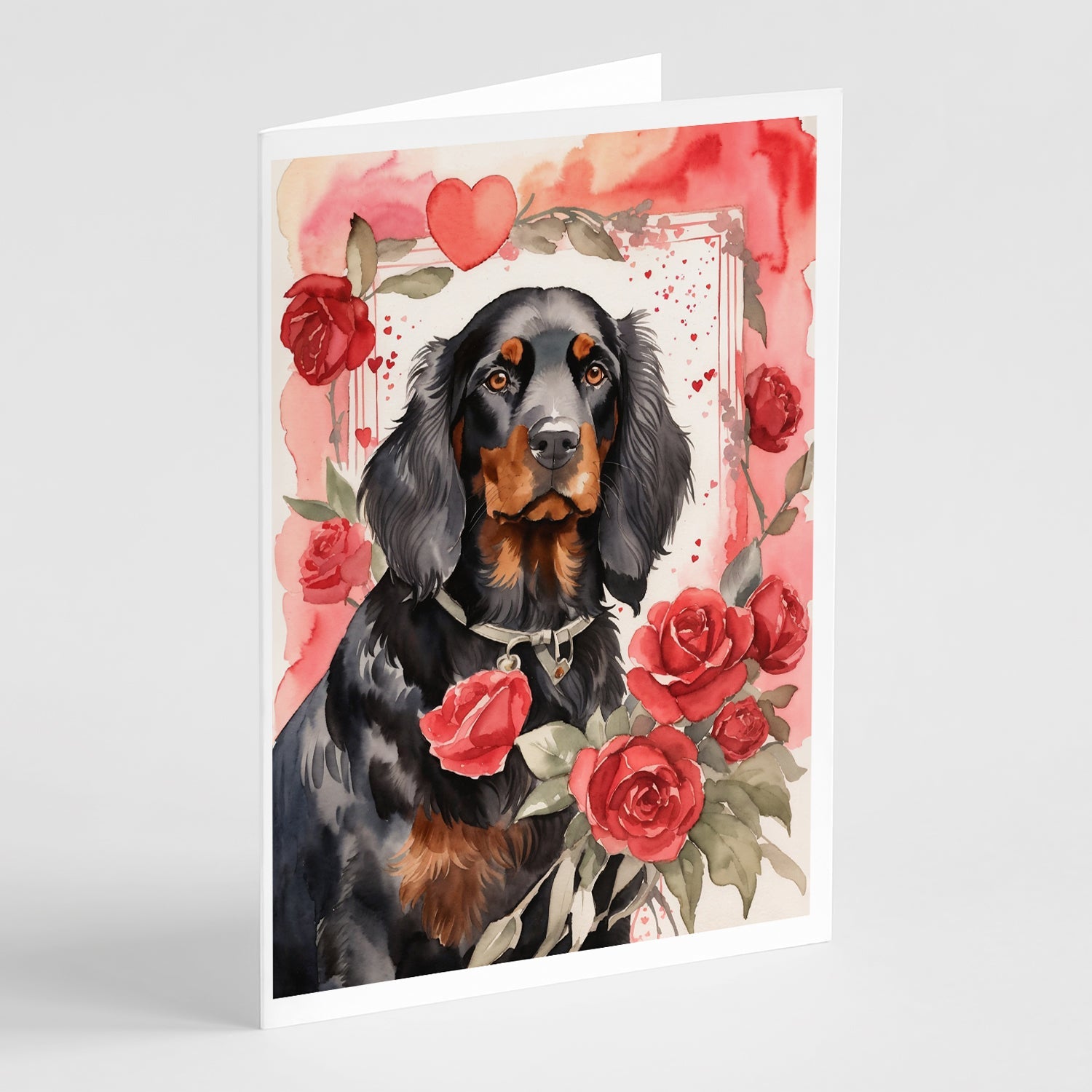 Gordon Setter Valentine Roses Greeting Cards Pack of 8 Blank Cards with Envelopes Whimsical A7 Size 5x7