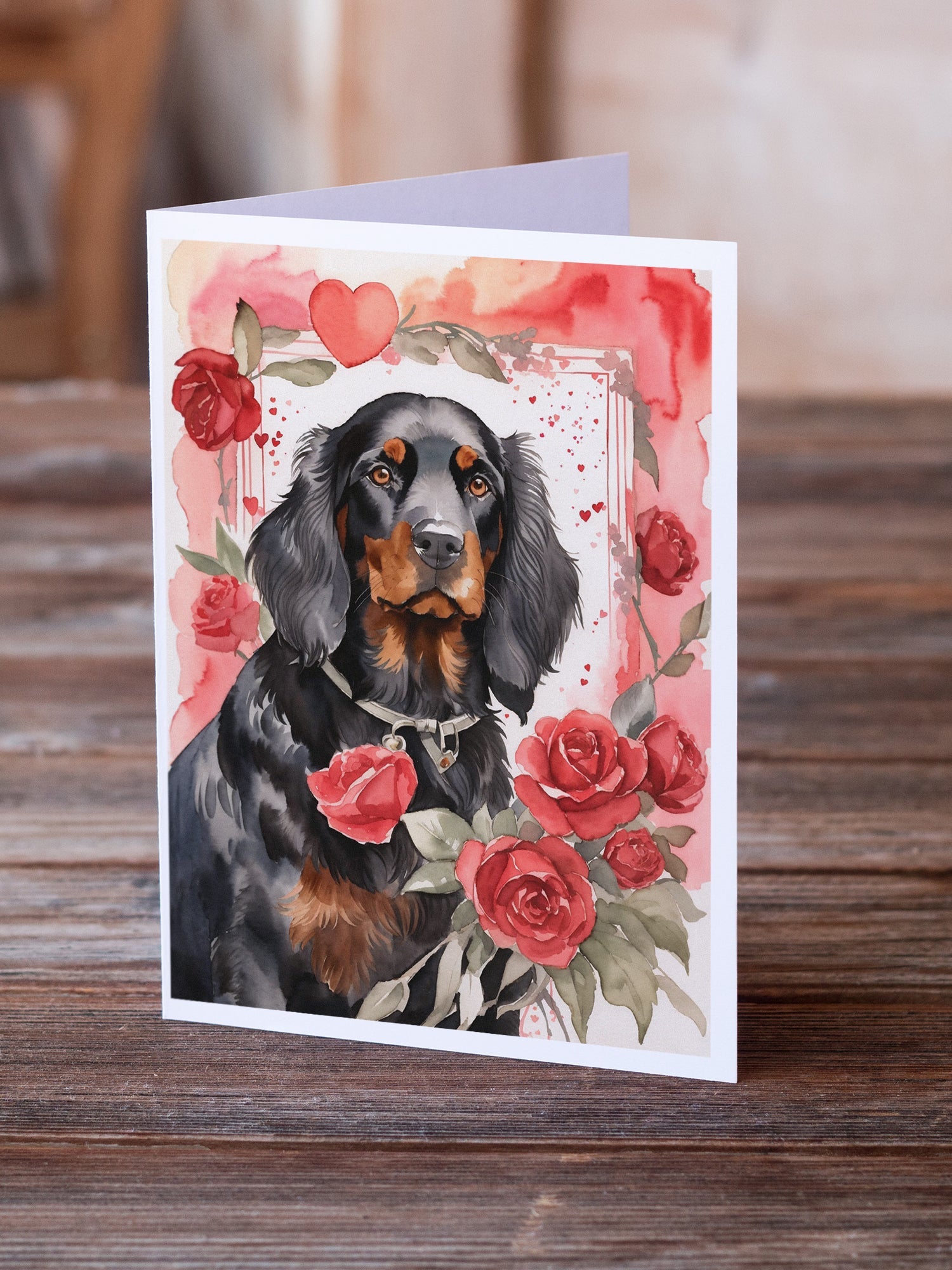 Gordon Setter Valentine Roses Greeting Cards Pack of 8 Blank Cards with Envelopes Whimsical A7 Size 5x7