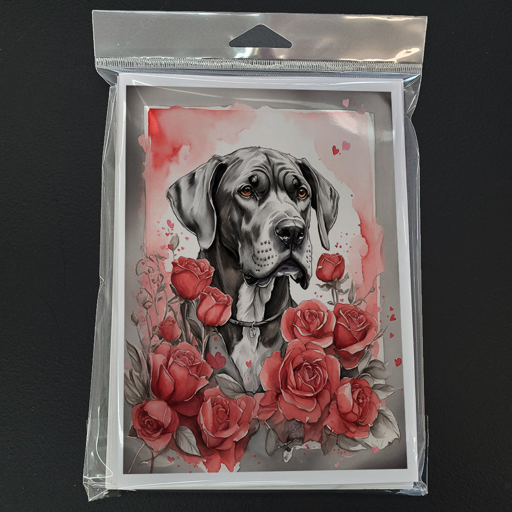 Great Dane Valentine Roses Greeting Cards Pack of 8 Blank Cards with Envelopes Whimsical A7 Size 5x7