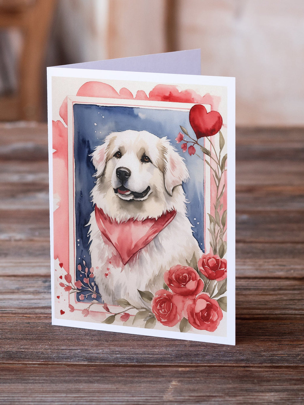 Great Pyrenees Valentine Roses Greeting Cards Pack of 8 Blank Cards with Envelopes Whimsical A7 Size 5x7