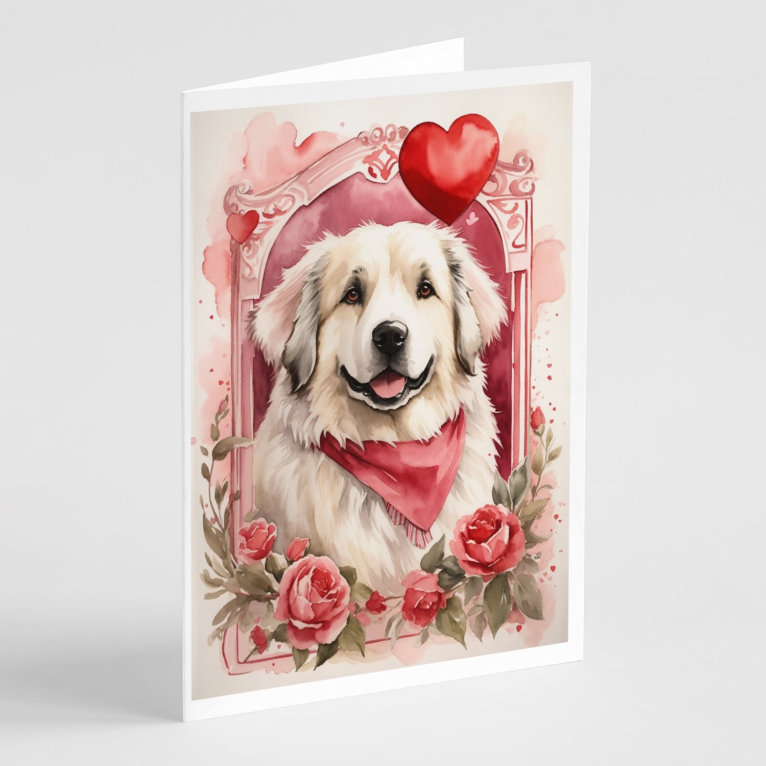 Great Pyrenees Valentine Roses Greeting Cards Pack of 8 Blank Cards with Envelopes Whimsical A7 Size 5x7