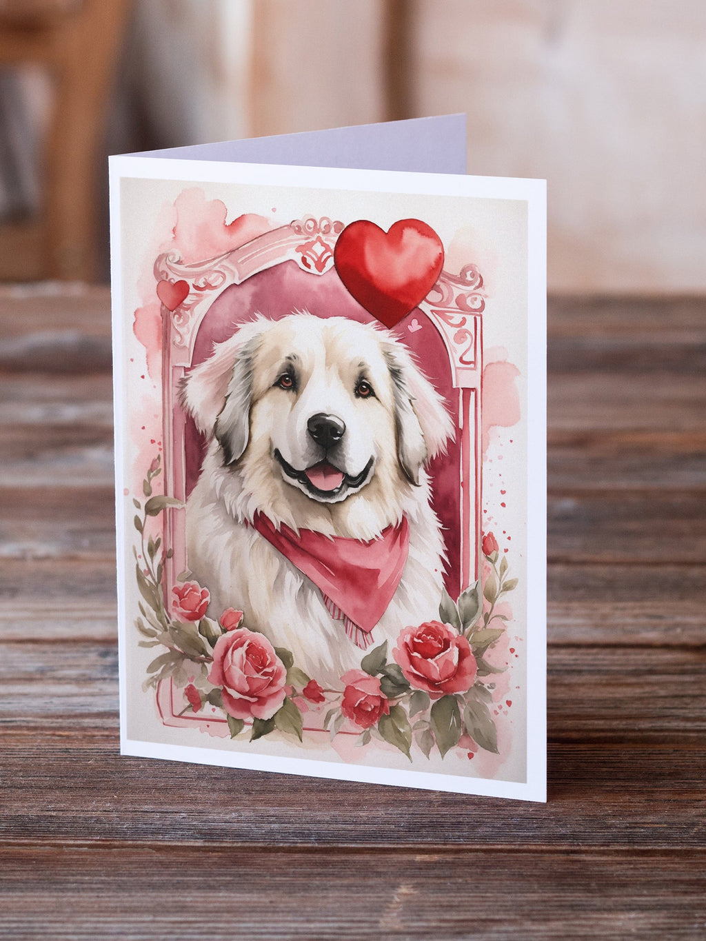 Great Pyrenees Valentine Roses Greeting Cards Pack of 8 Blank Cards with Envelopes Whimsical A7 Size 5x7