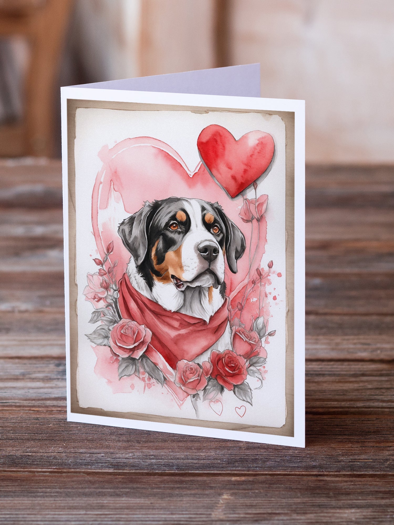Greater Swiss Mountain Dog Valentine Roses Greeting Cards Pack of 8 Blank Cards with Envelopes Whimsical A7 Size 5x7