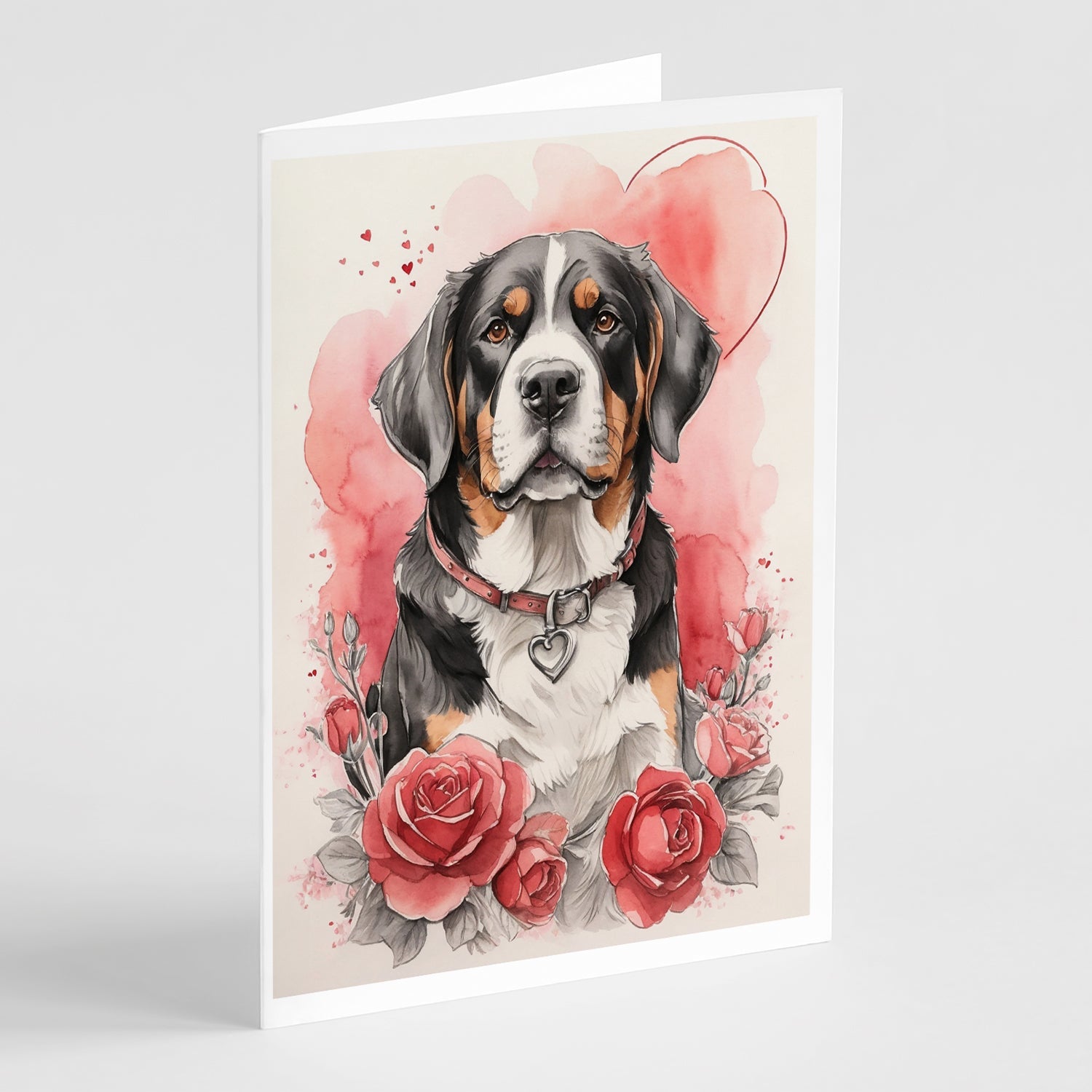Greater Swiss Mountain Dog Valentine Roses Greeting Cards Pack of 8 Blank Cards with Envelopes Whimsical A7 Size 5x7