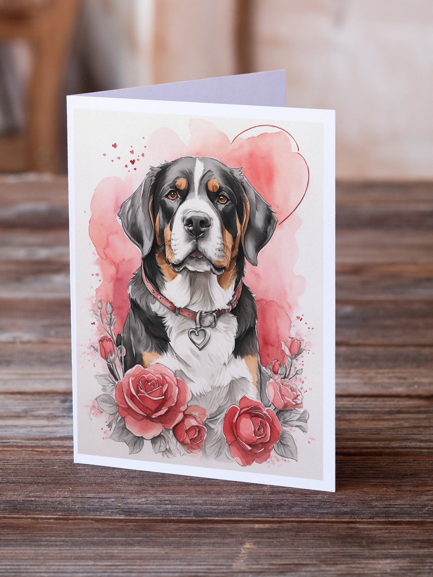 Greater Swiss Mountain Dog Valentine Roses Greeting Cards Pack of 8 Blank Cards with Envelopes Whimsical A7 Size 5x7