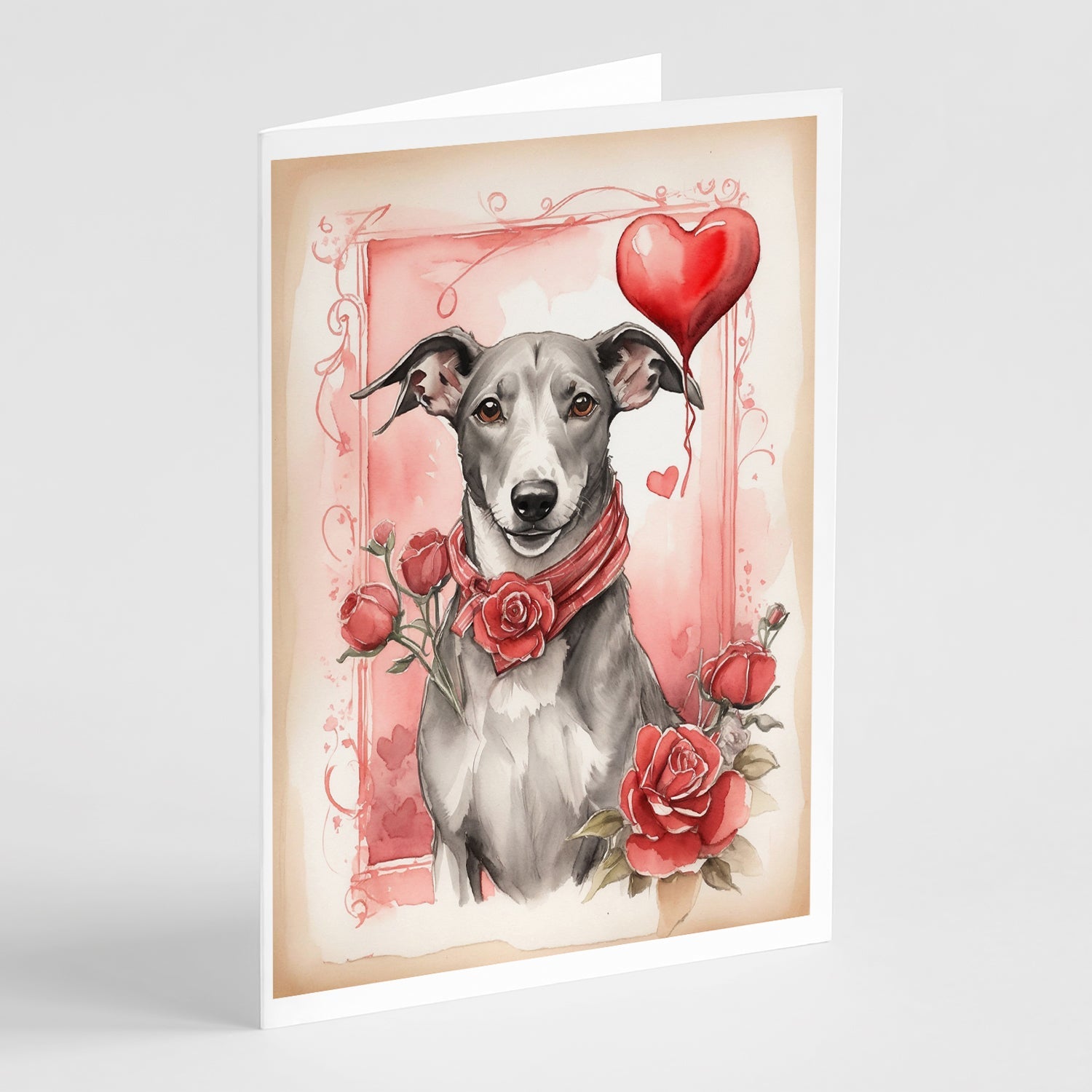Greyhound Valentine Roses Greeting Cards Pack of 8 Blank Cards with Envelopes Whimsical A7 Size 5x7