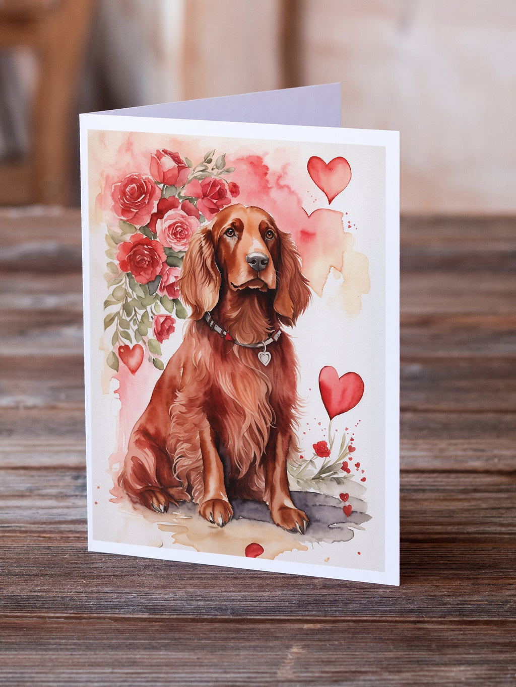 Irish Setter Valentine Roses Greeting Cards Pack of 8 Blank Cards with Envelopes Whimsical A7 Size 5x7