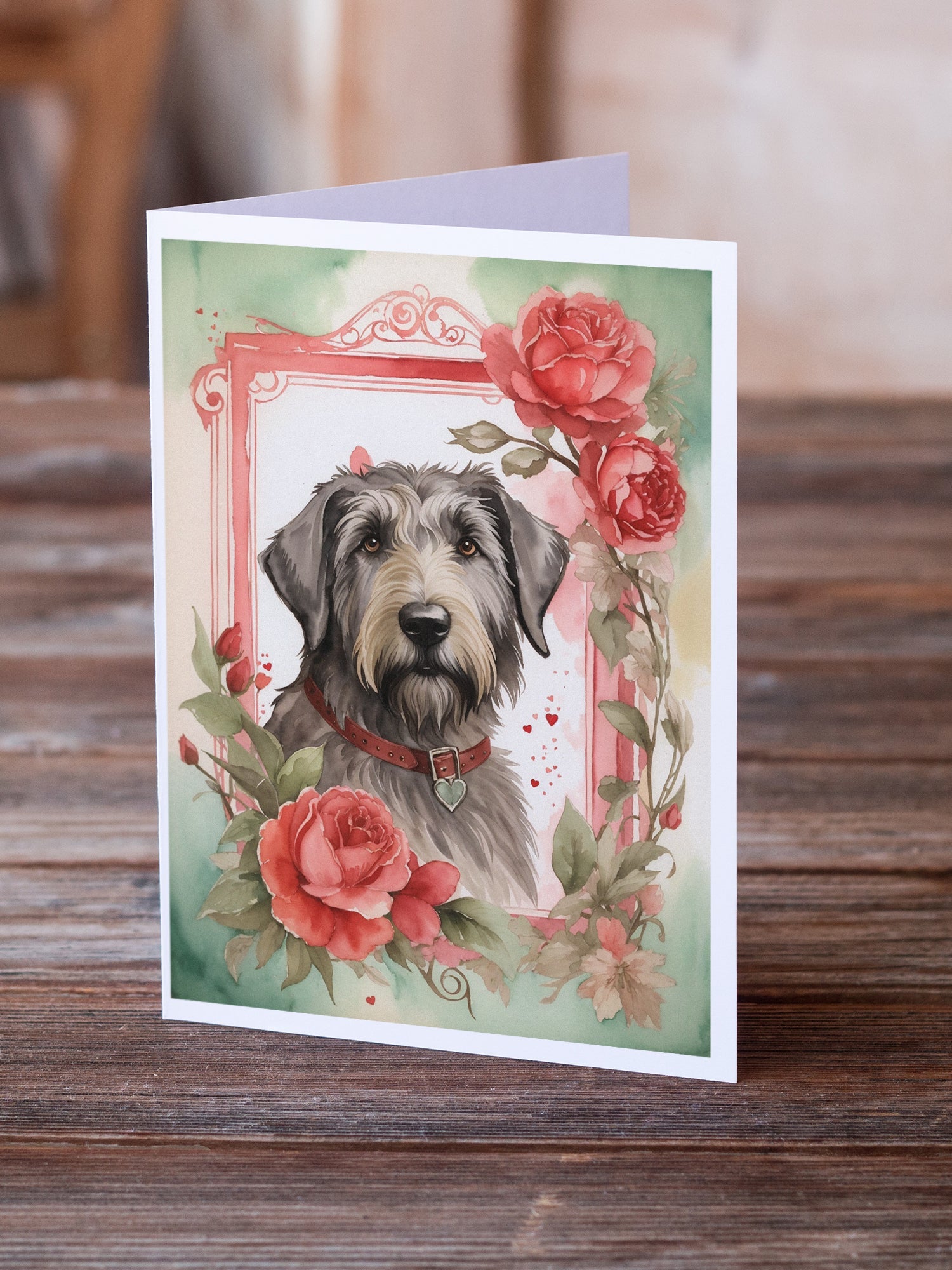 Irish Wolfhound Valentine Roses Greeting Cards Pack of 8 Blank Cards with Envelopes Whimsical A7 Size 5x7