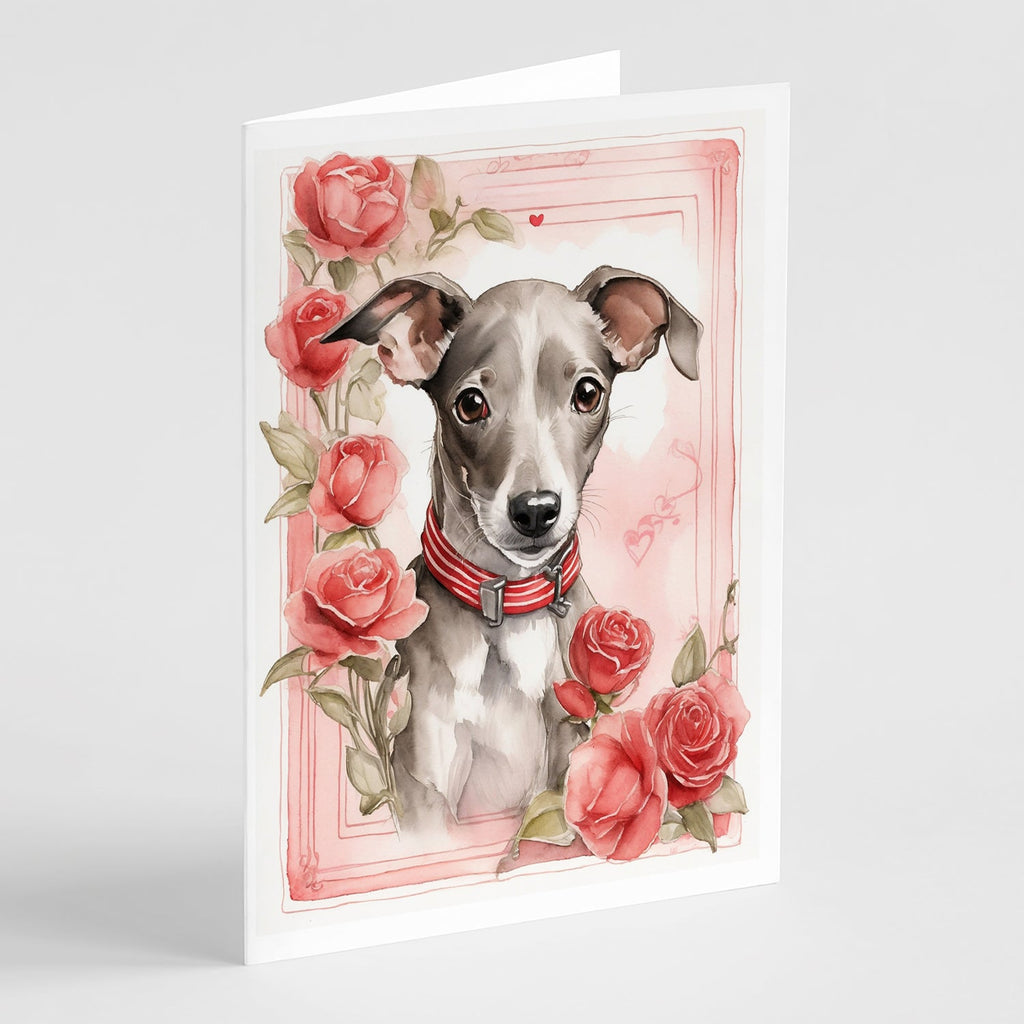 Italian Greyhound Valentine Roses Greeting Cards Pack of 8 Blank Cards with Envelopes Whimsical A7 Size 5x7