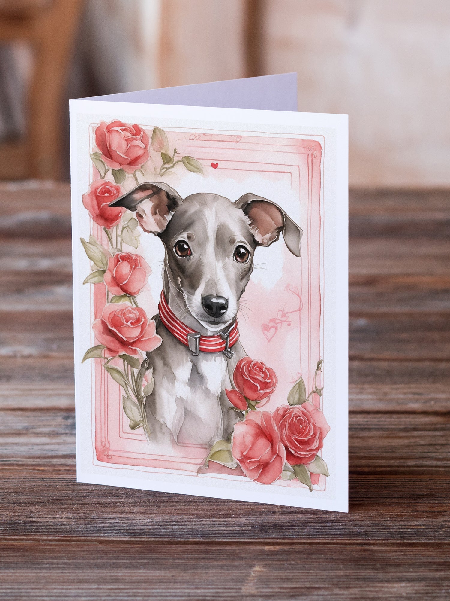 Italian Greyhound Valentine Roses Greeting Cards Pack of 8 Blank Cards with Envelopes Whimsical A7 Size 5x7