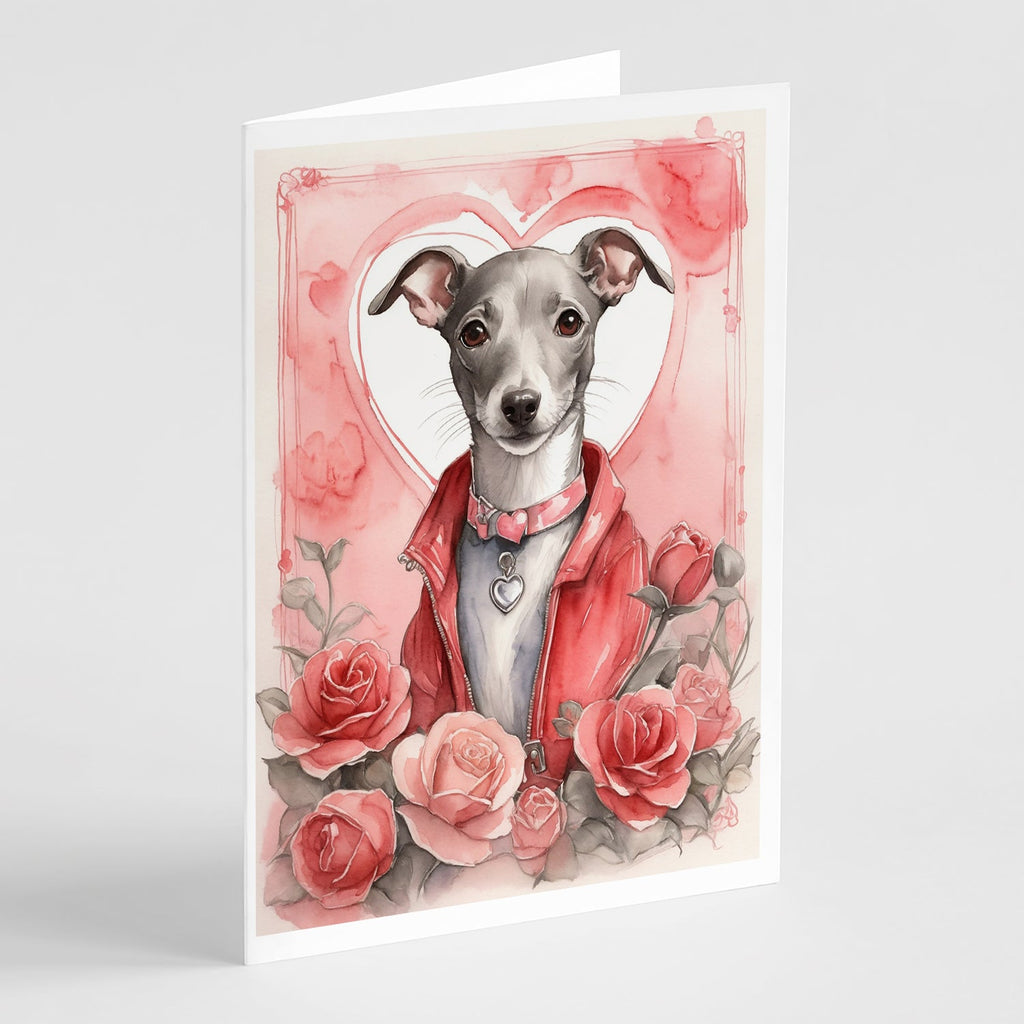 Italian Greyhound Valentine Roses Greeting Cards Pack of 8 Blank Cards with Envelopes Whimsical A7 Size 5x7