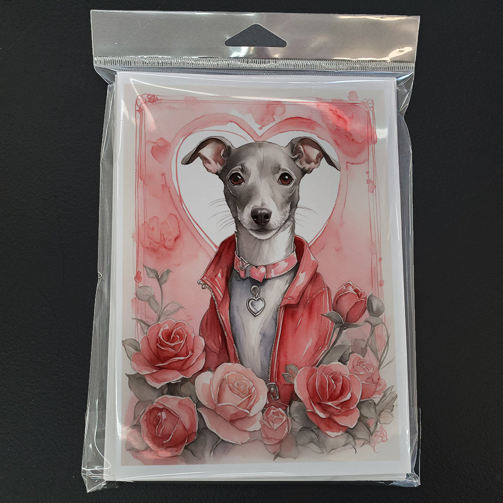 Italian Greyhound Valentine Roses Greeting Cards Pack of 8 Blank Cards with Envelopes Whimsical A7 Size 5x7