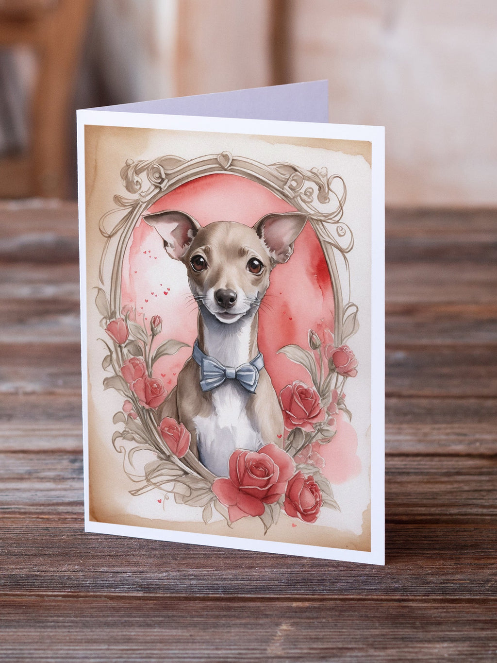 Italian Greyhound Valentine Roses Greeting Cards Pack of 8 Blank Cards with Envelopes Whimsical A7 Size 5x7