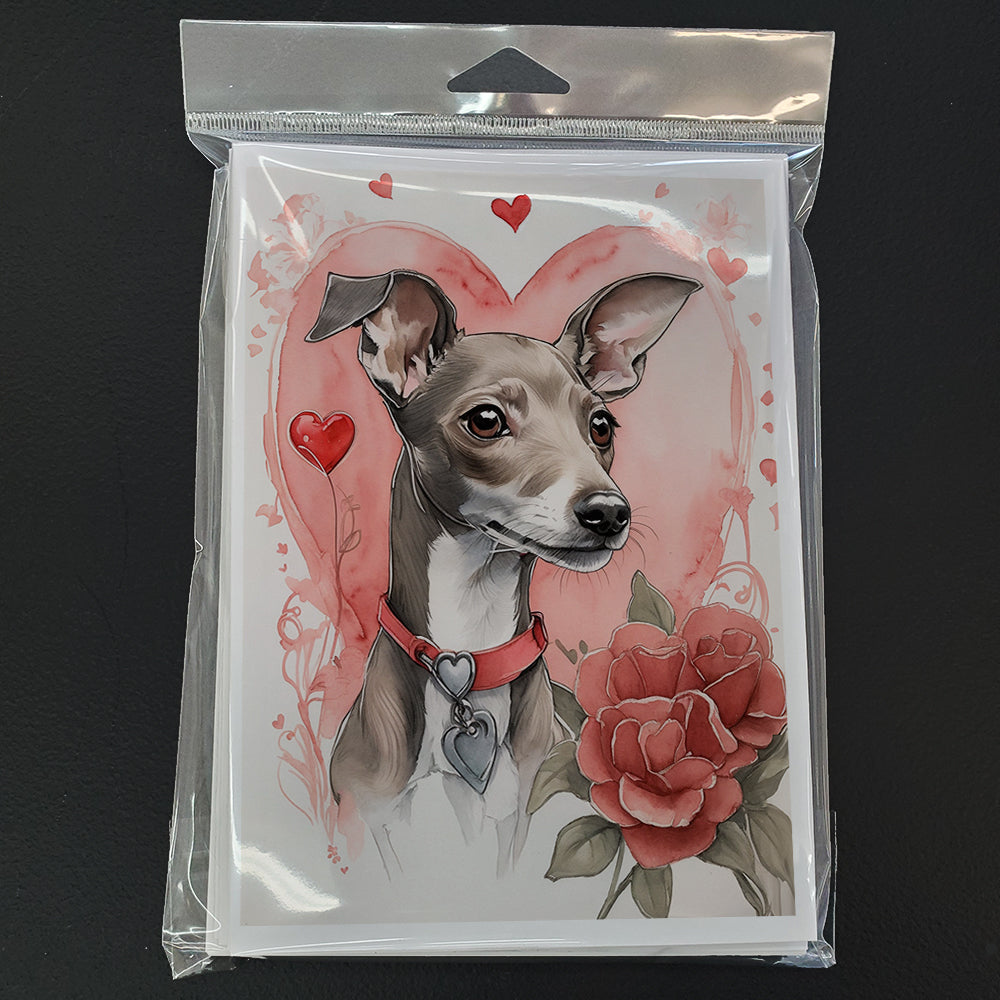 Italian Greyhound Valentine Roses Greeting Cards Pack of 8 Blank Cards with Envelopes Whimsical A7 Size 5x7