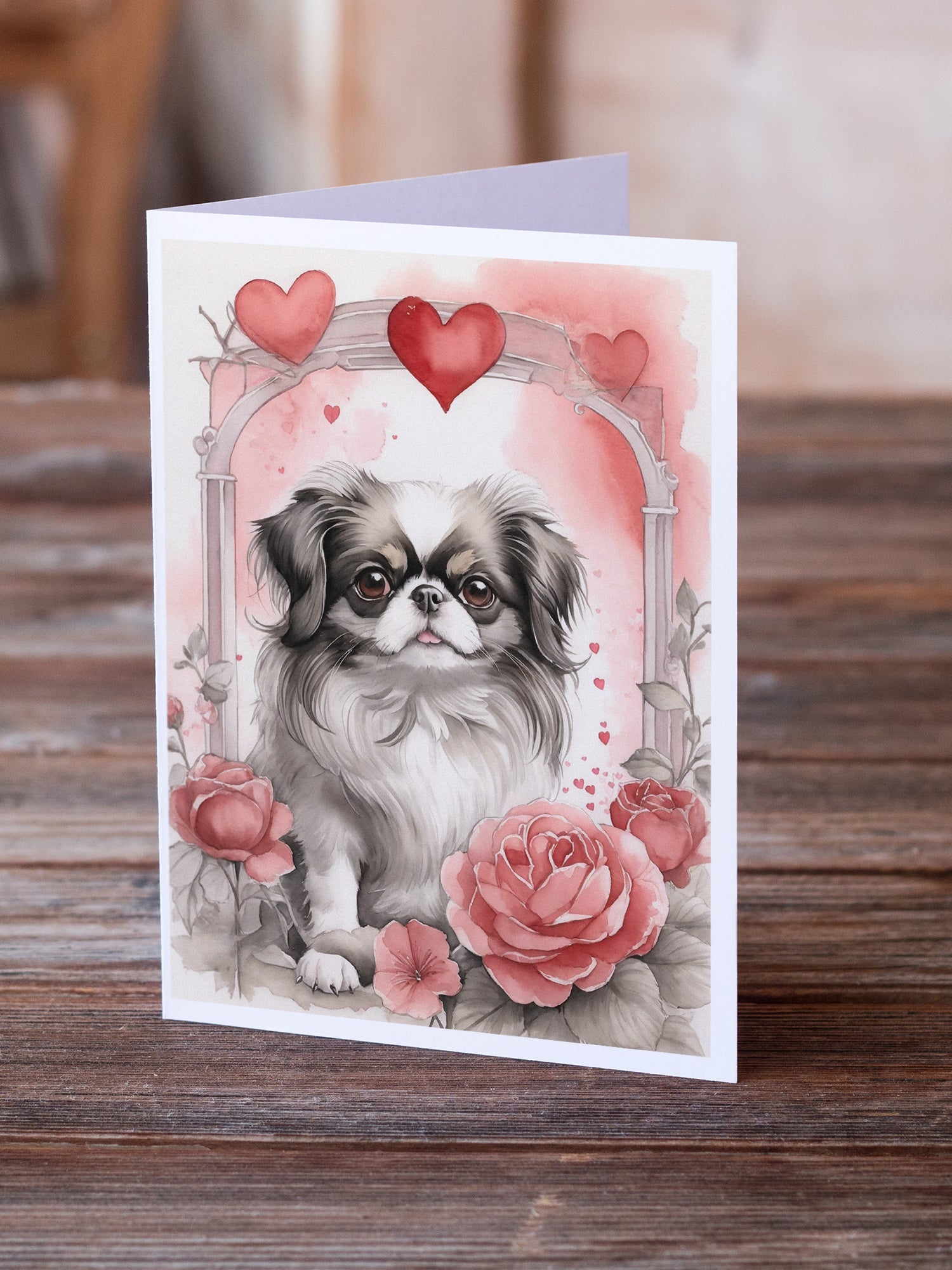 Japanese Chin Valentine Roses Greeting Cards Pack of 8 Blank Cards with Envelopes Whimsical A7 Size 5x7