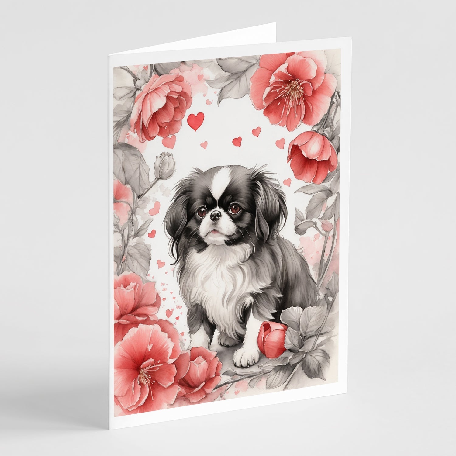 Japanese Chin Valentine Roses Greeting Cards Pack of 8 Blank Cards with Envelopes Whimsical A7 Size 5x7