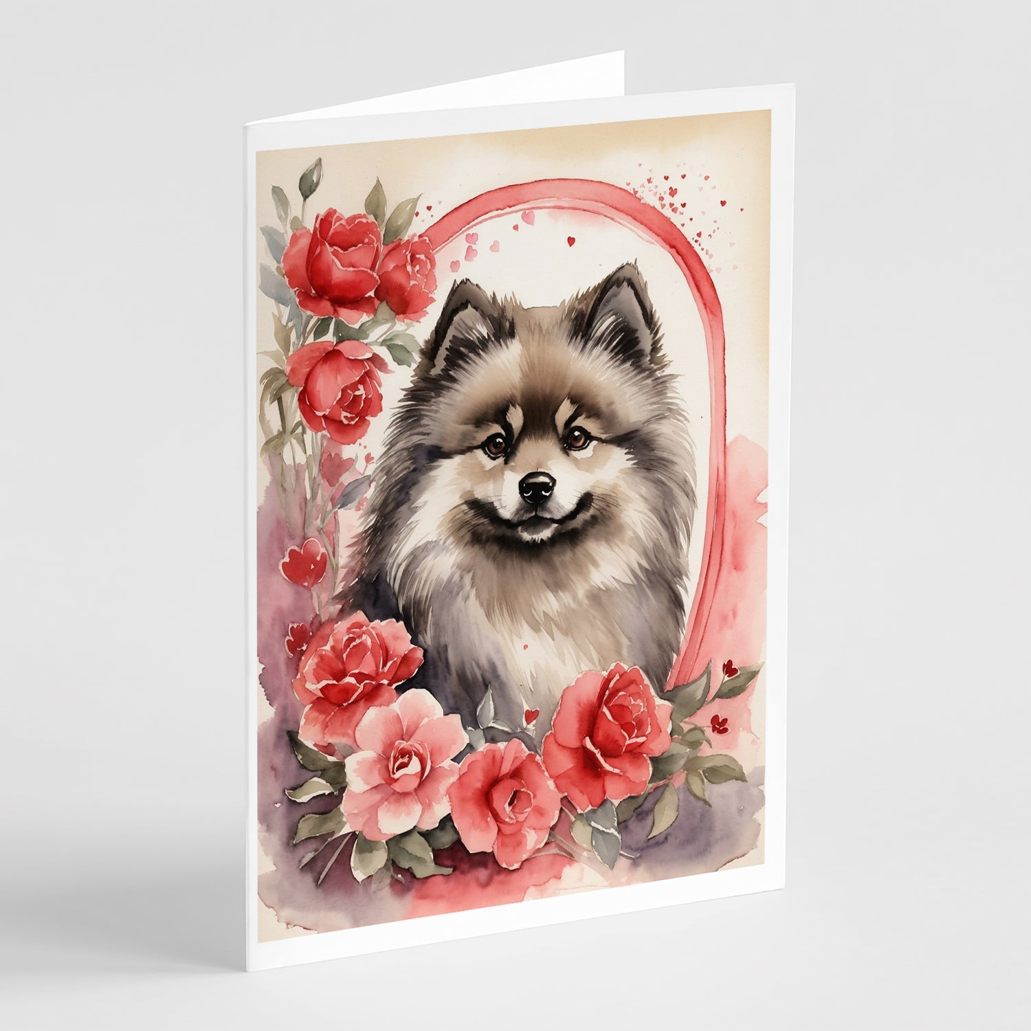 Keeshond Valentine Roses Greeting Cards Pack of 8 Blank Cards with Envelopes Whimsical A7 Size 5x7