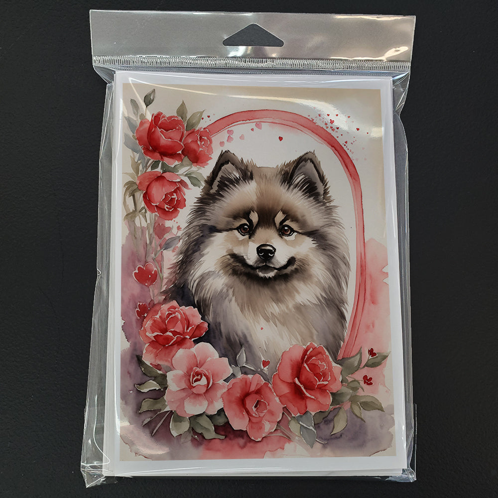 Keeshond Valentine Roses Greeting Cards Pack of 8 Blank Cards with Envelopes Whimsical A7 Size 5x7