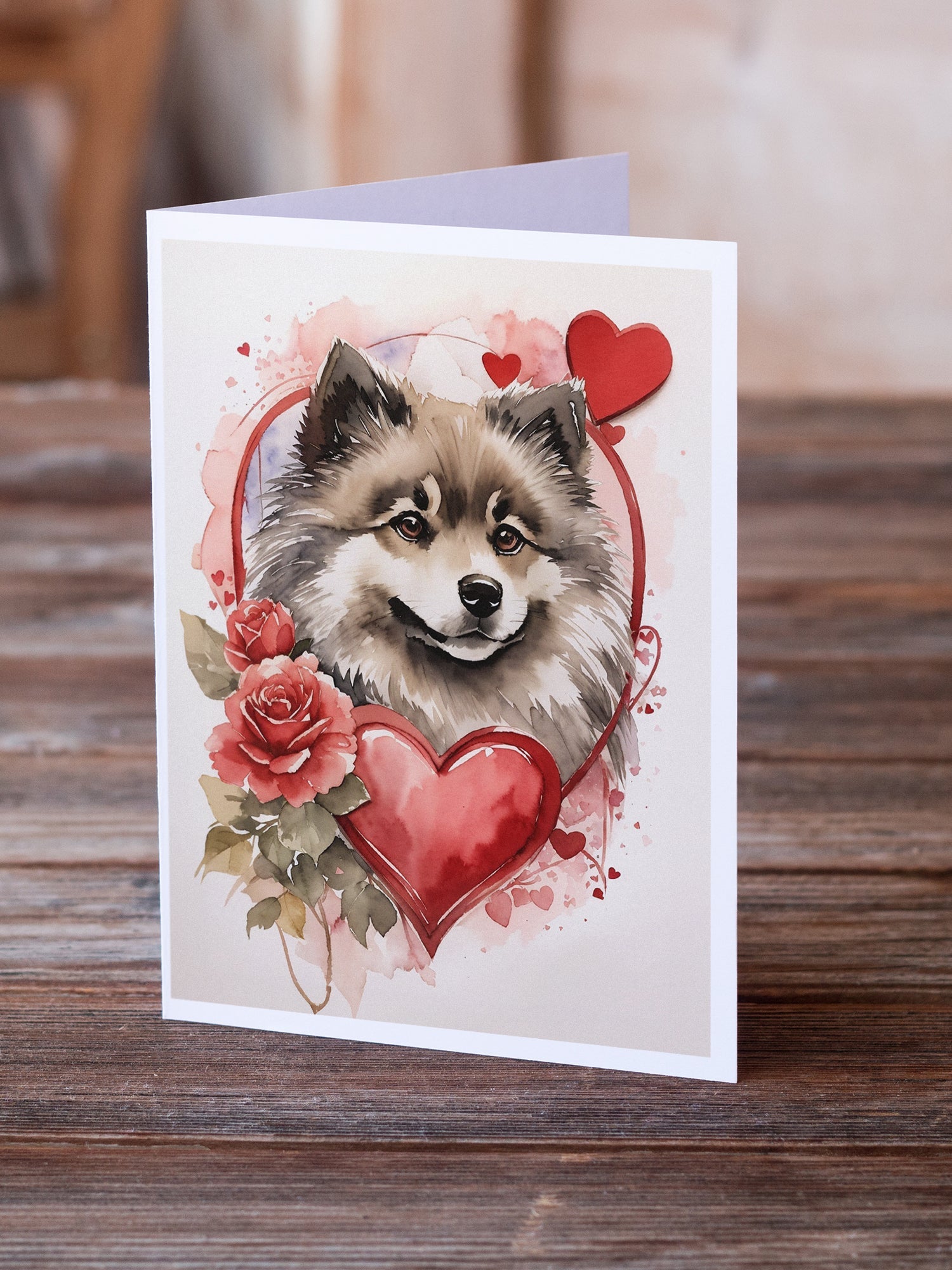Keeshond Valentine Roses Greeting Cards Pack of 8 Blank Cards with Envelopes Whimsical A7 Size 5x7