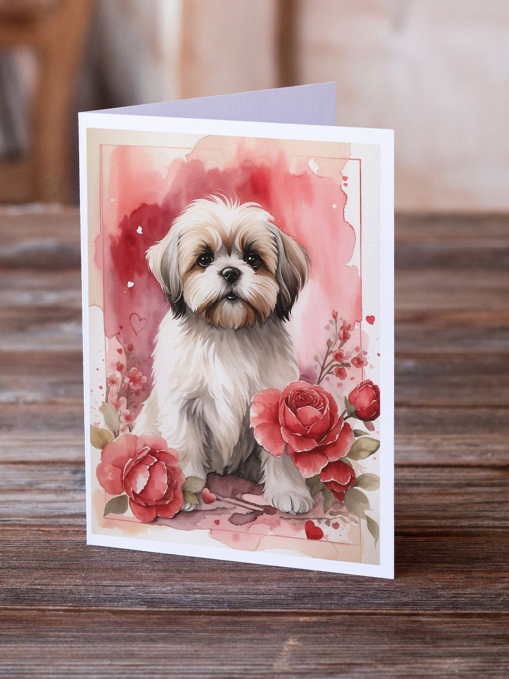 Lhasa Apso Valentine Roses Greeting Cards Pack of 8 Blank Cards with Envelopes Whimsical A7 Size 5x7