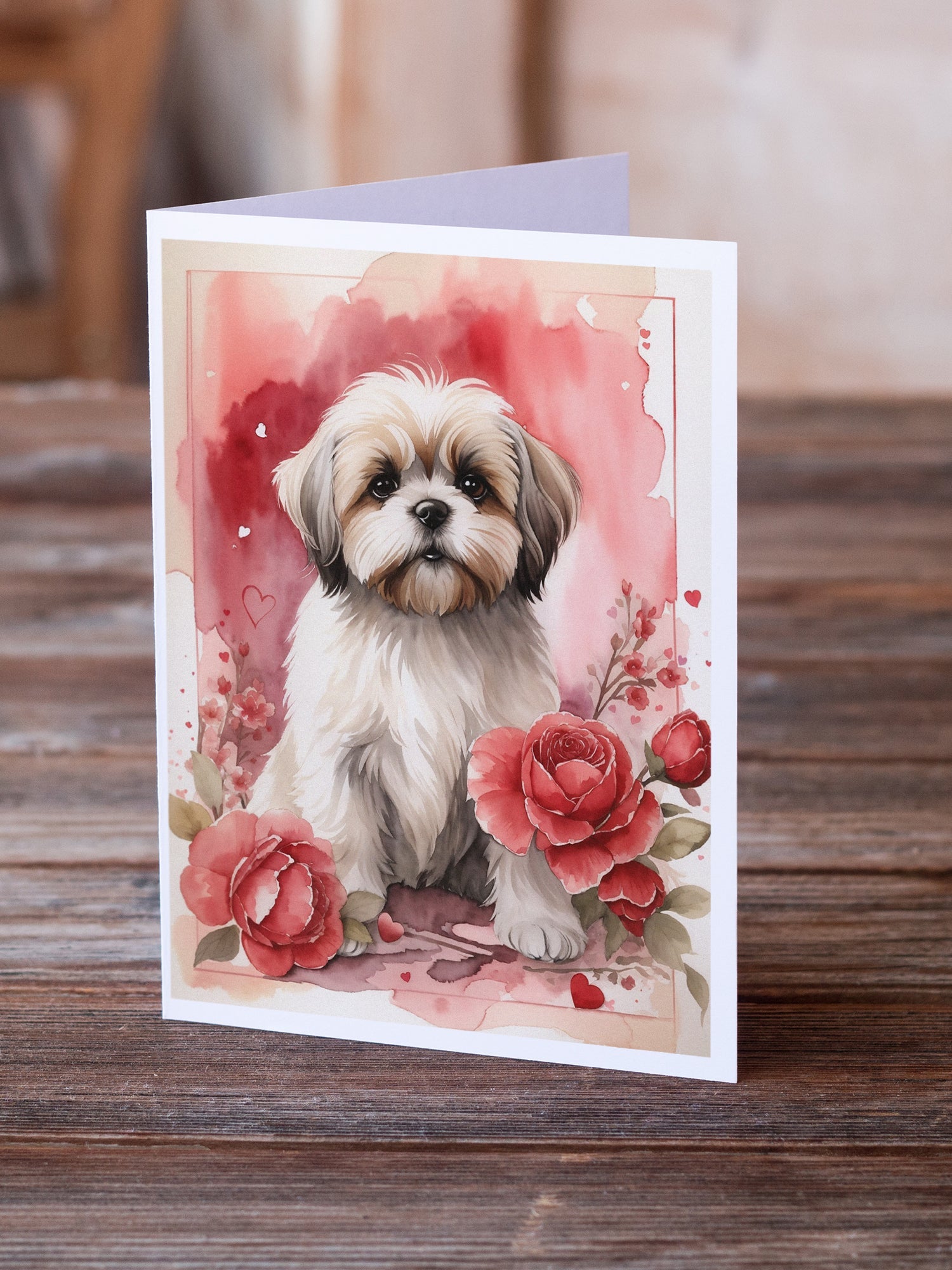 Lhasa Apso Valentine Roses Greeting Cards Pack of 8 Blank Cards with Envelopes Whimsical A7 Size 5x7